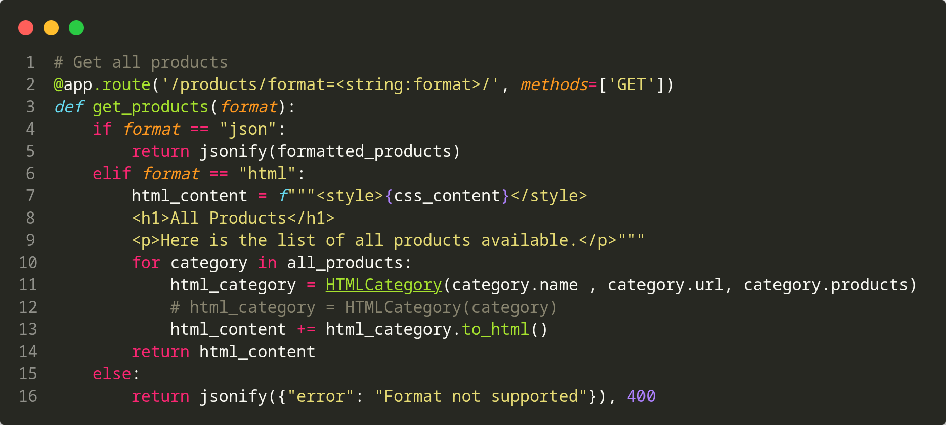 Route Flask GET products pour renvoyer les donnees en JSON ou HTML