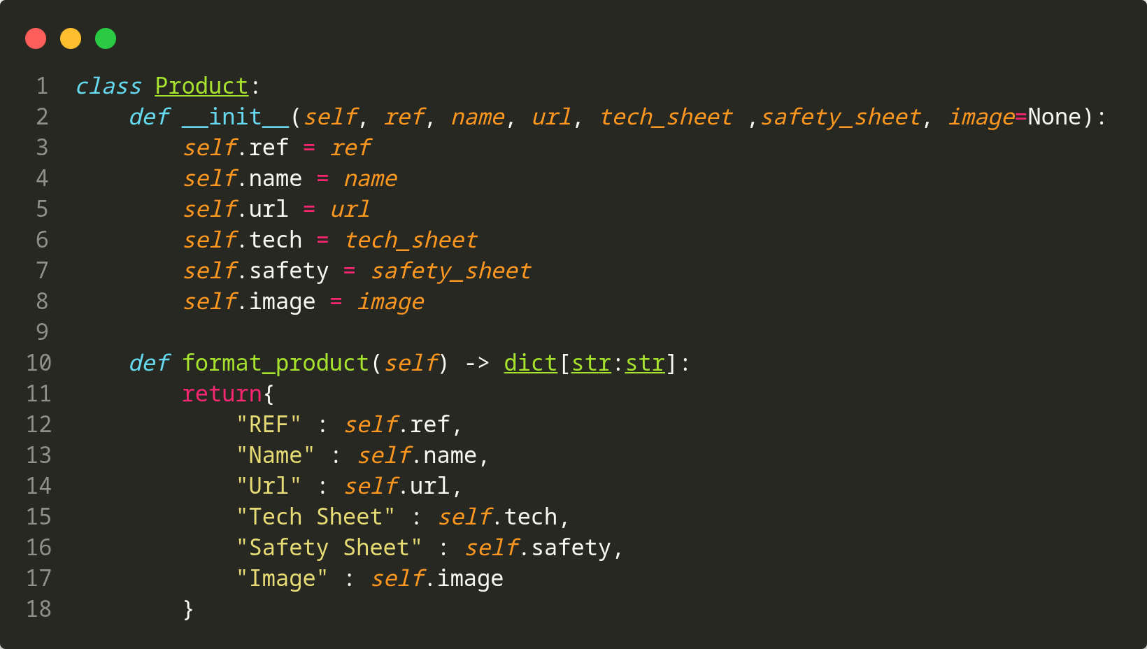 Classe Product en Python pour structurer les donnees extraites
