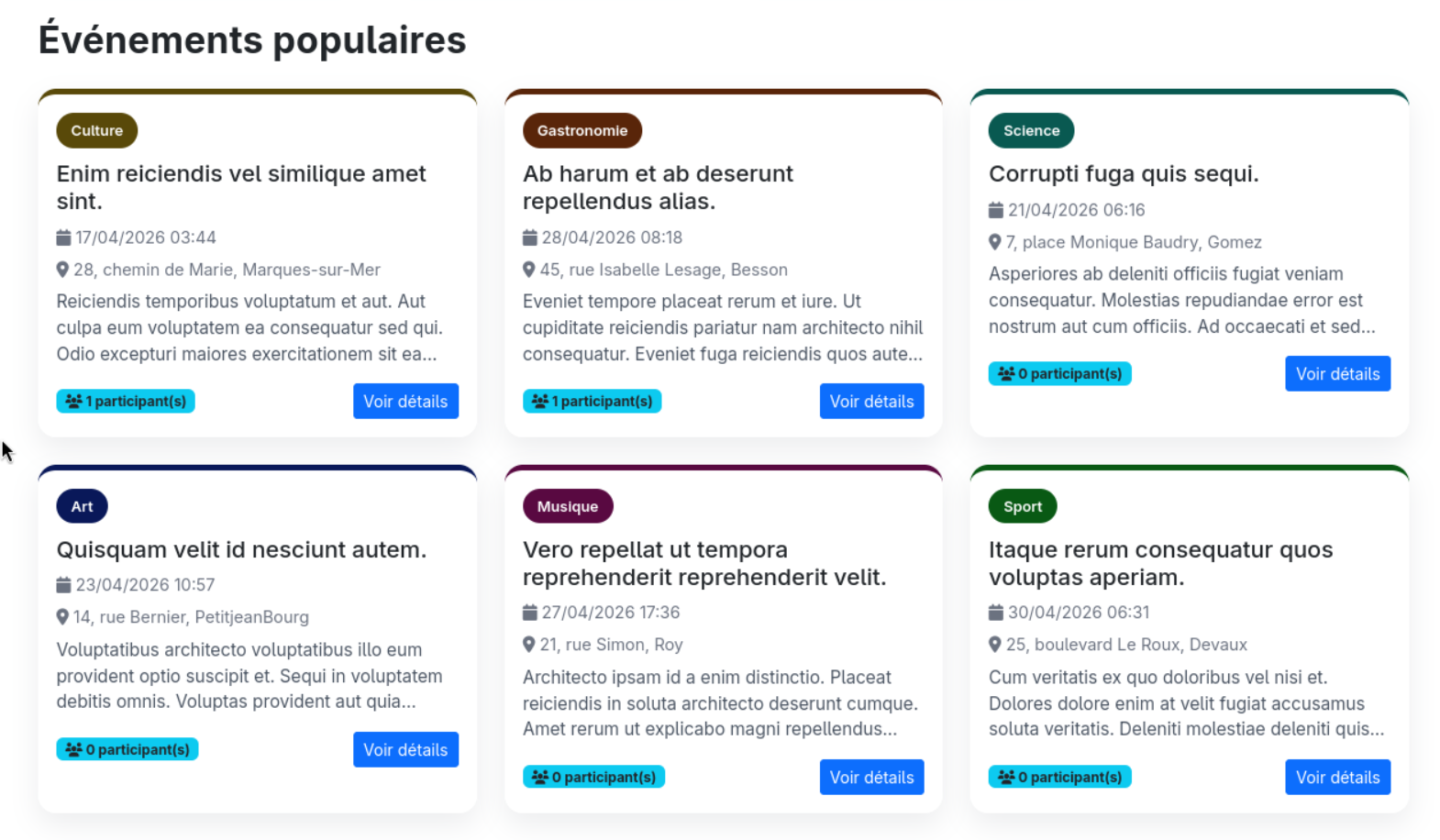 Affichage des événements