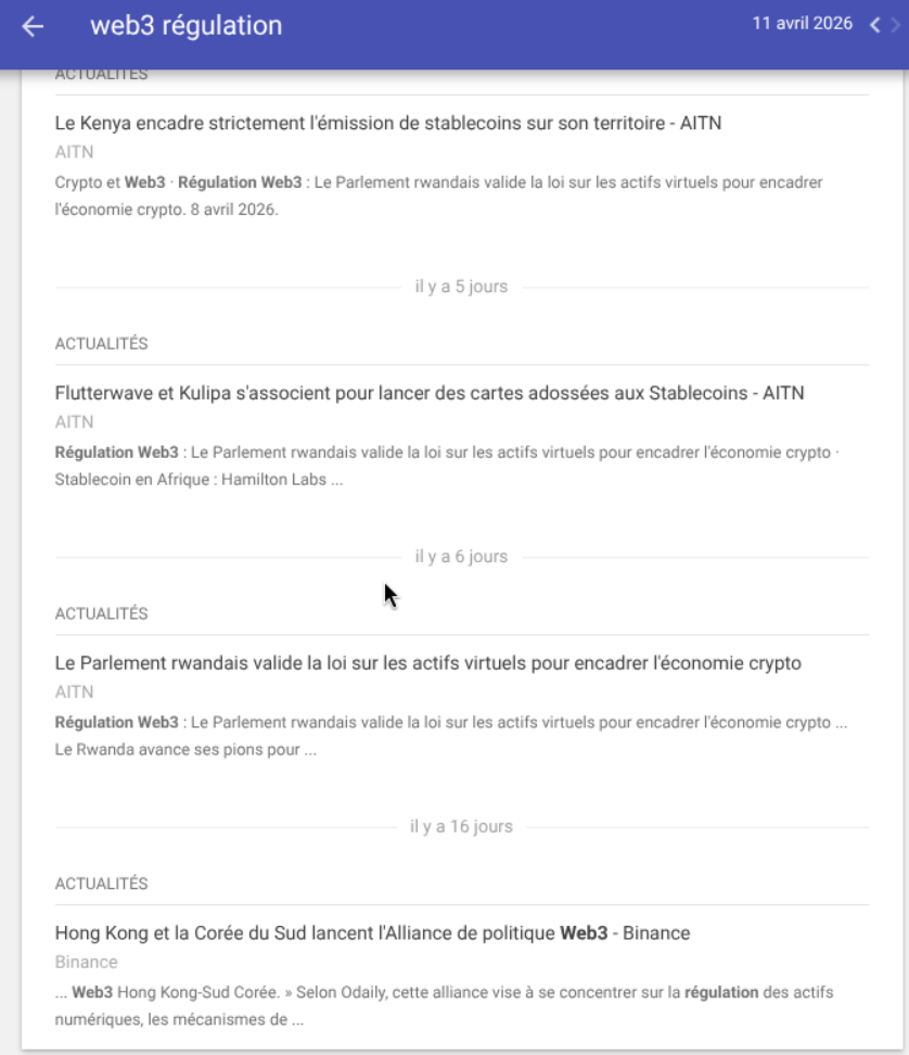 Exemple d'actualités reçues via alerte Google sur la régulation Web3