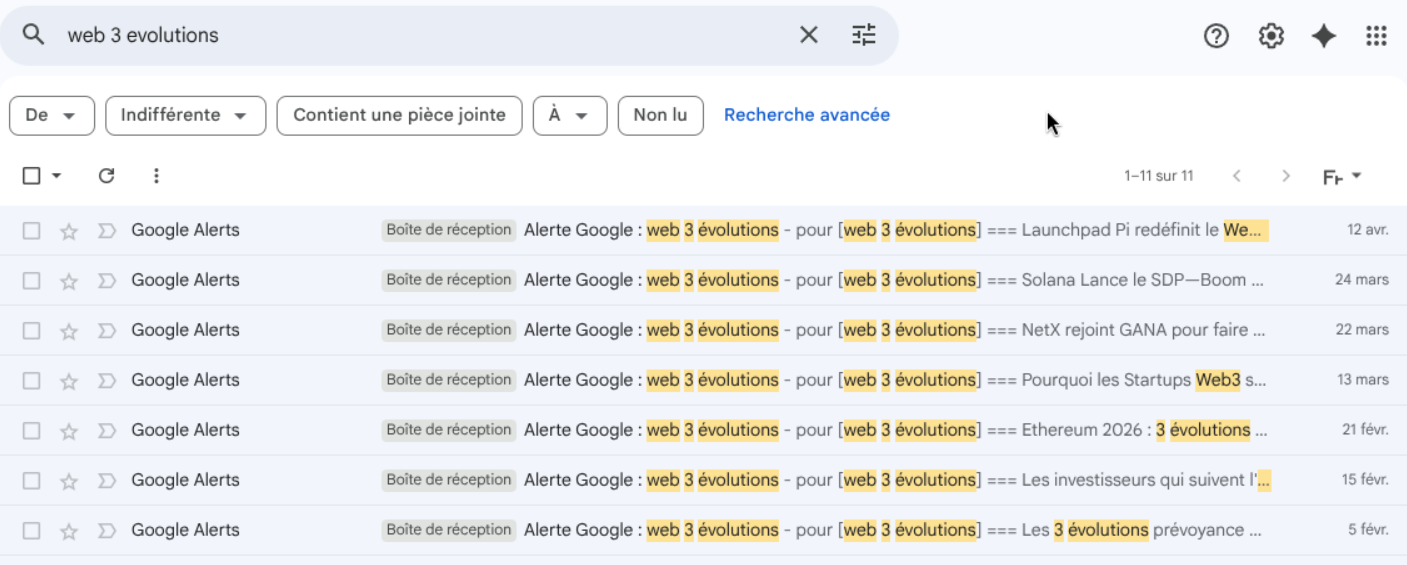Emails d'alertes Google reçus pour la veille Web3